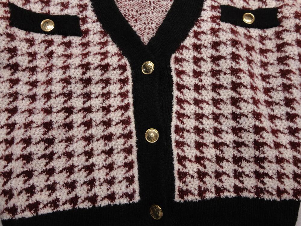 Maeve Anthropologie Sweater Cardigan Womens Medium Red Check Knit Gold Buttons - Picture 2 of 6